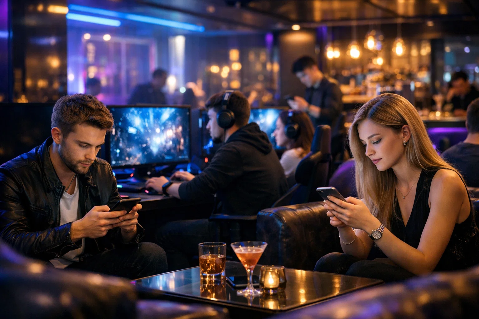 Gaming event visual with players on smartphones and monitors