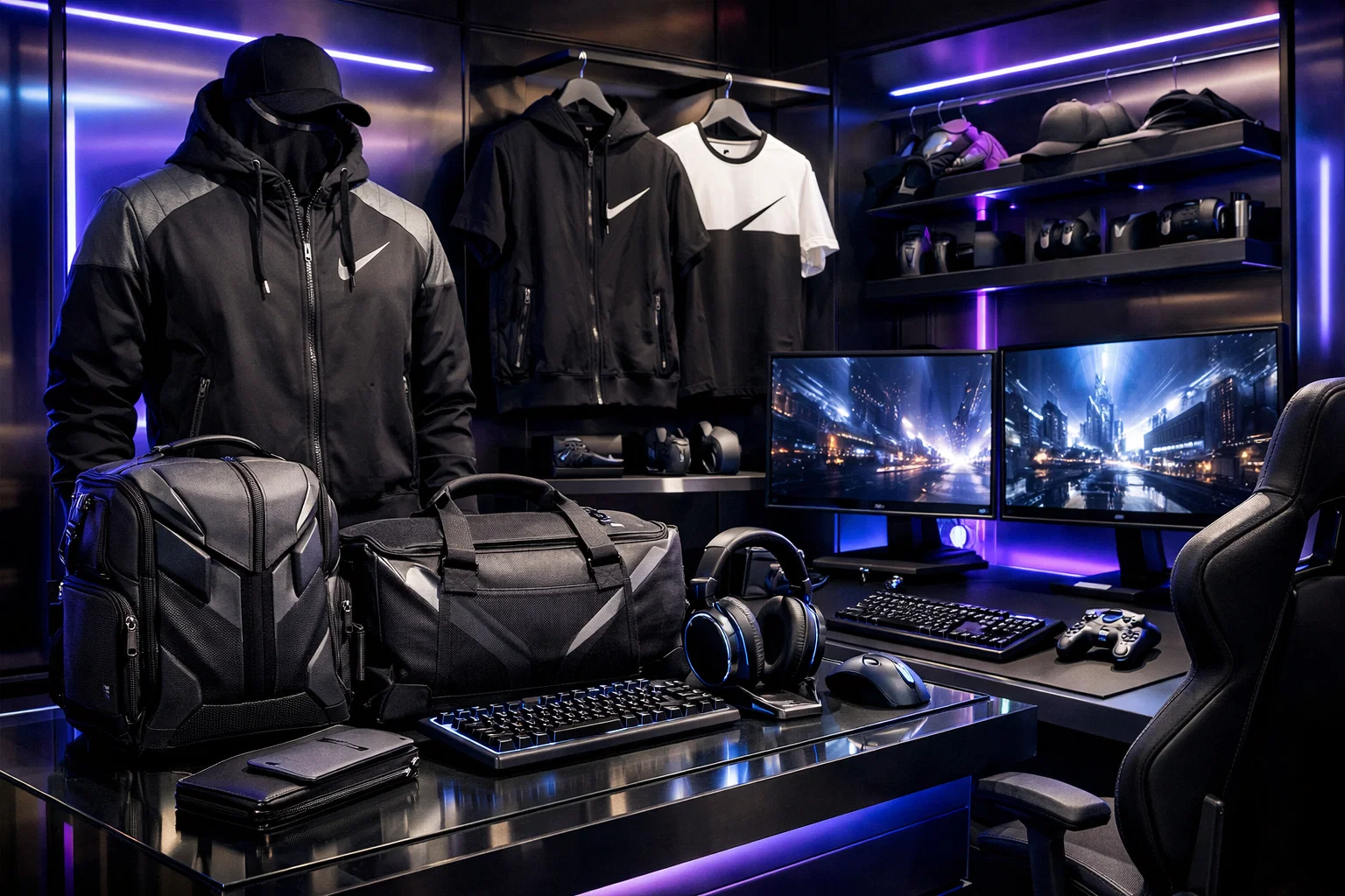 Gaming store visual with CROWN style merchandise and players near monitors