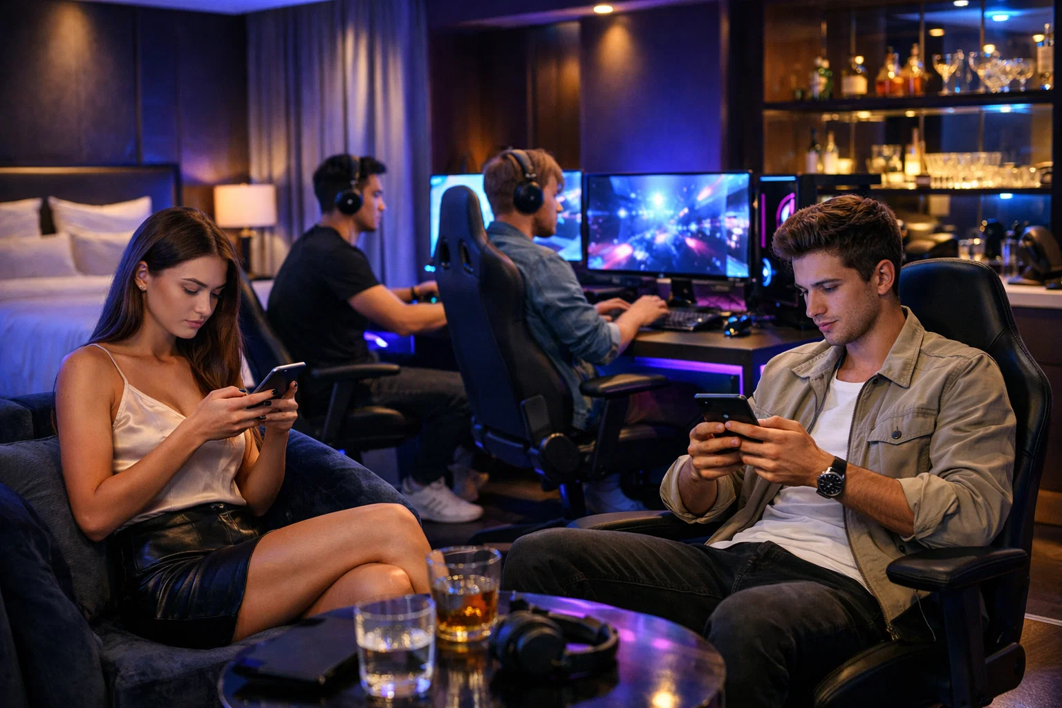 Gaming hotel visual with players using smartphones and sitting at monitors